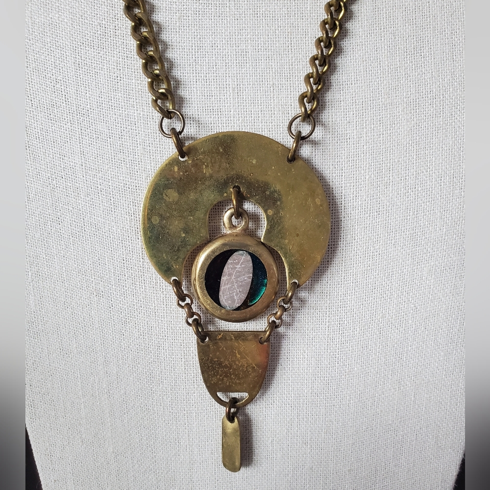 Vintage Modernist Solid Brass Glass Inlay Eye Statement Necklace
